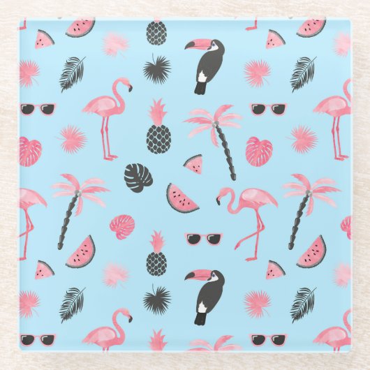 Rosa u. blauer Sommer-tropisches Muster Glasuntersetzer (Vorderseite)