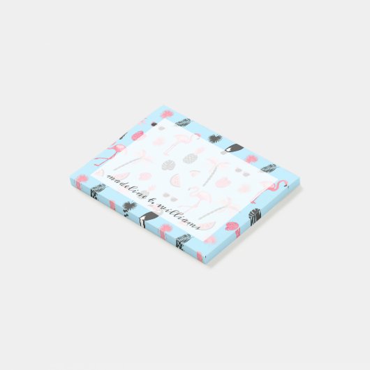 Rosa u. blauer Sommer-tropisches Muster Post-it Klebezettel (angewinkelt)