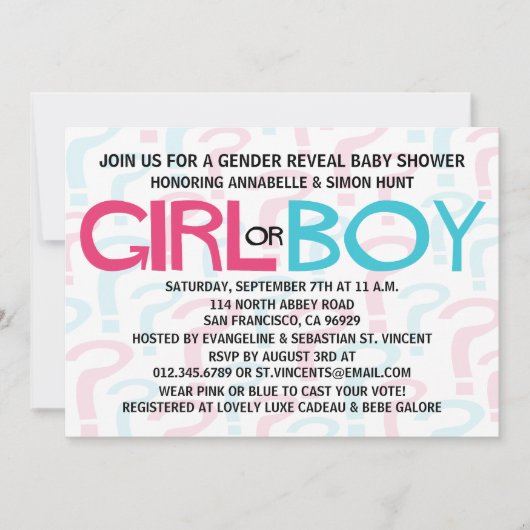 Rosa u. blaues Geschlecht decken Einladung (Vorderseite)