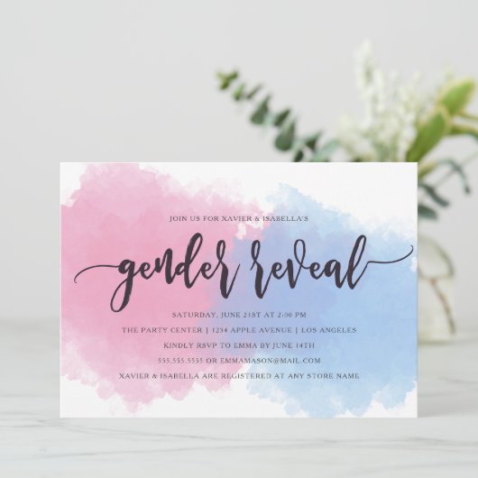 Rosa u. blaues Nebel-Geschlecht decken Einladung (Stehend Vorderseite)