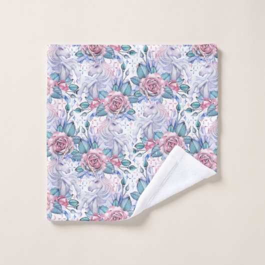 Rosa u. blaues Rosen-Muster Badhandtuch Set (Waschlappen)