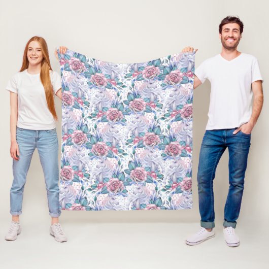 Rosa u. blaues Rosen-Muster Fleecedecke (Beispiel)