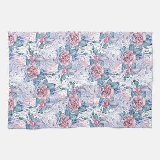 Rosa u. blaues Rosen-Muster Geschirrtuch (Horizontal)