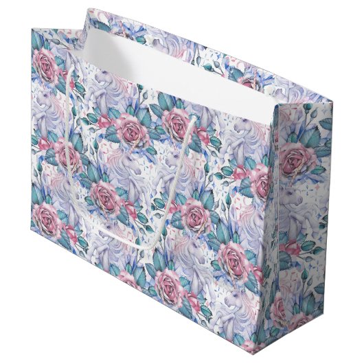 Rosa u. blaues Rosen-Muster Große Geschenktüte (Vorderseite Schrägansicht)