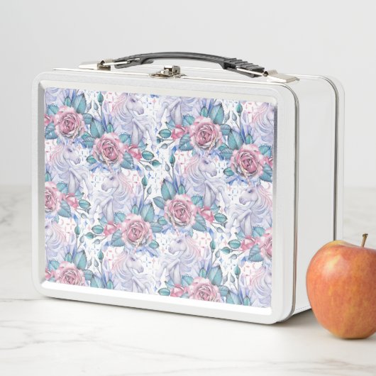 Rosa u. blaues Rosen-Muster Metall Brotdose (Beispiel)