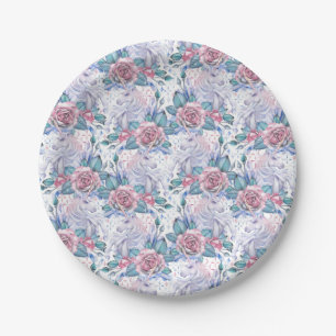 Rosa u. blaues Rosen-Muster Pappteller