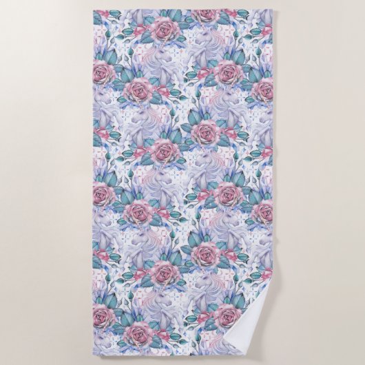 Rosa u. blaues Rosen-Muster Strandtuch (Vorderseite)