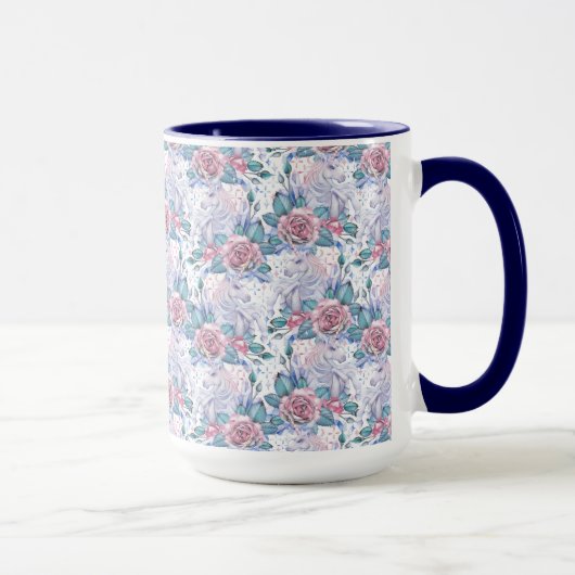 Rosa u. blaues Rosen-Muster Tasse (Rechts)