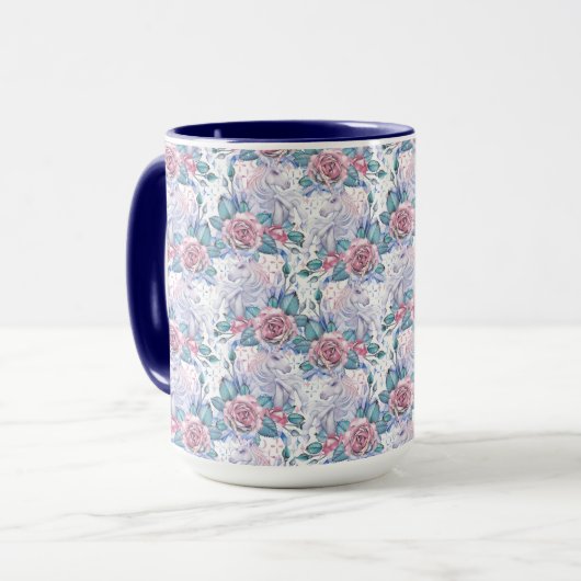 Rosa u. blaues Rosen-Muster Tasse (Vorderseite Links)
