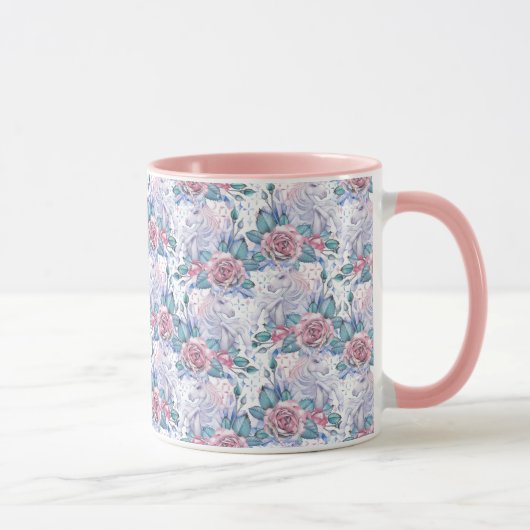 Rosa u. blaues Rosen-Muster Tasse (Rechts)