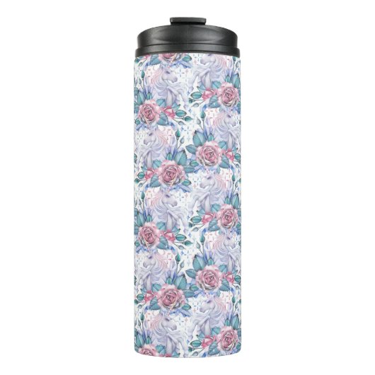 Rosa u. blaues Rosen-Muster Thermosbecher (Vorderseite)