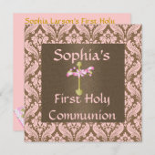 rosa u. braune DAMAST heilige Kommunion Einladung (Vorne/Hinten)