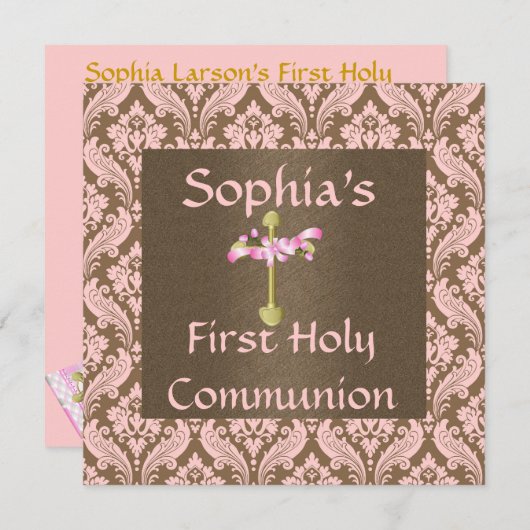 rosa u. braune DAMAST heilige Kommunion Einladung (Vorne/Hinten)