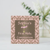 rosa u. braune DAMAST heilige Kommunion Einladung (Stehend Vorderseite)