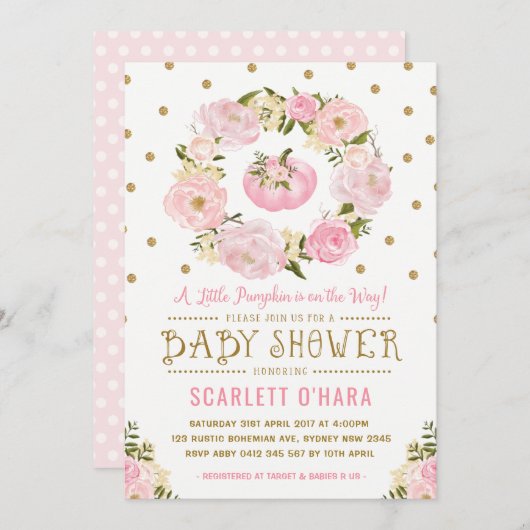 Rosa-u. Goldblumenkürbis-Babyparty-Einladung Einladung (Vorne/Hinten)