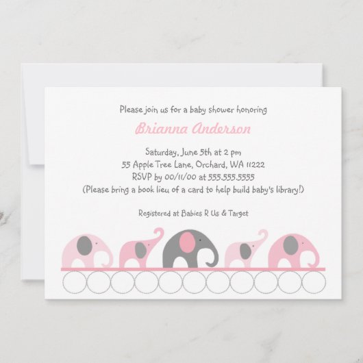 Rosa u. graue Elefanten auf Buch-Babyparty laden Einladung (Vorderseite)