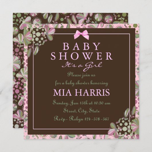 Rosa u. grüne üppige BlumenBabyparty laden ein Einladung (Vorne/Hinten)