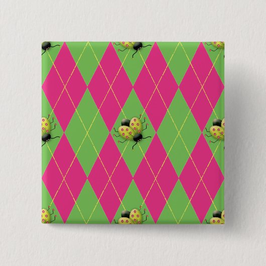 Rosa u. grüner Rauten-Marienkäfer Button (Vorderseite)