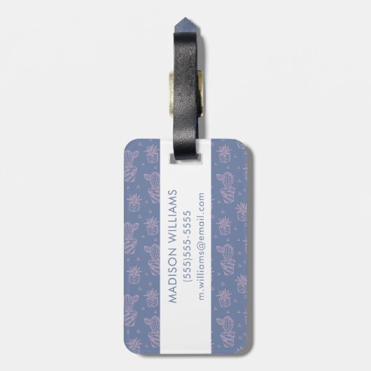 Rosa u. lila Cartoon-Kaktus-Muster Gepäckanhänger (Rückseite vertikal)