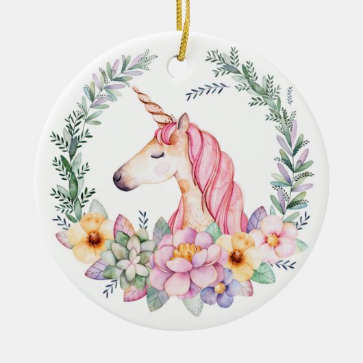 Rosa u. lila Unicorn-Weihnachtsbaum-Verzierung Keramikornament (Vorne)