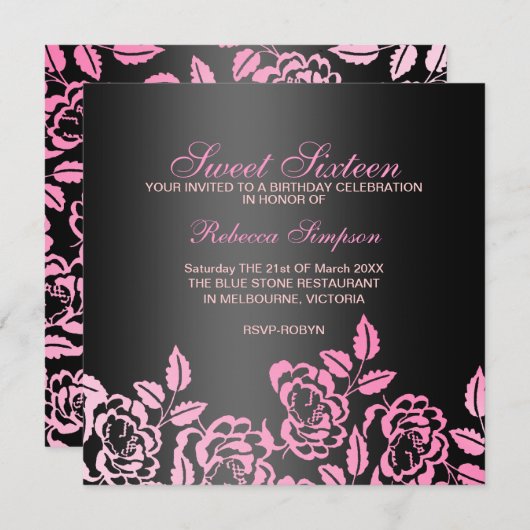 Rosa u. schwarzer Geburtstag des Einladung (Vorne/Hinten)