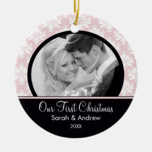 Rosa u. schwarzes Damast-Foto-erste Keramik Ornament