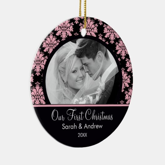 Rosa u. schwarzes Damast-Foto-erste Keramikornament (Rechts)