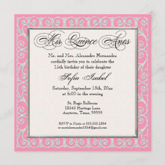 Rosa u. Silber, Diamanten u. Spitze, Mis-Quitte Einladung