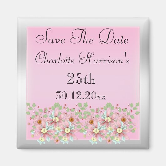 Rosa u. silbernes Save the Date mit Blumen25. Magnet (Vorne)