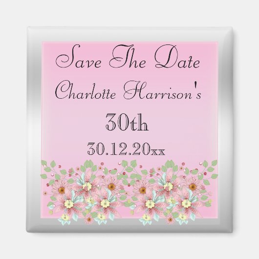 Rosa u. silbernes Save the Date mit Blumen30. Magnet (Vorne)
