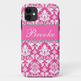 Rosa u. weißes Damast-diamante de imitación Bling iPhone 11 Hülle