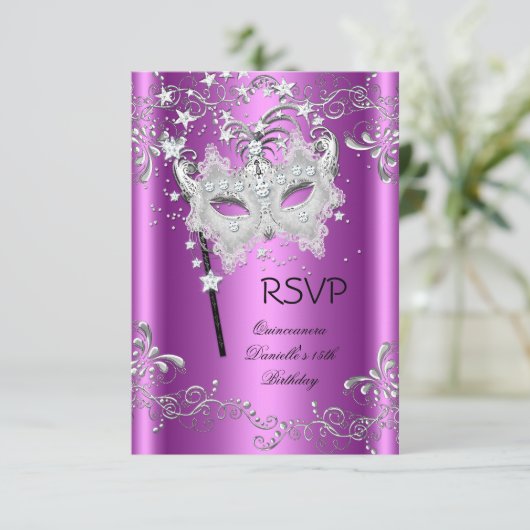 Rosa UAWG Quinceanera 15. Party Masquerade RSVP Karte (Stehend Vorderseite)