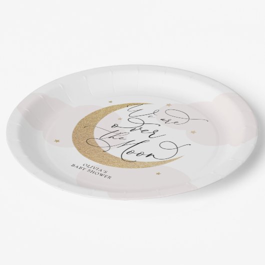 Rosa über der Mond Babydusche Pappteller (Schrägansicht)