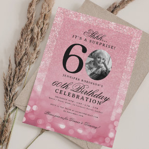 Rosa Überraschungs-Foto-Glam 60. Geburtstagsfeier  Einladung