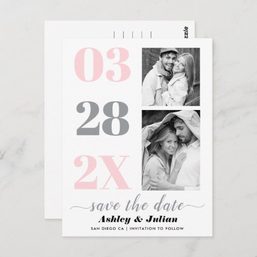 Rosa, ultimativ grau, zwei Foto Save the Date Postkarte (Vorne/Hinten)