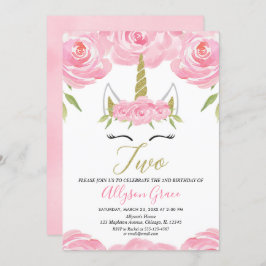 Rosa und 2. Geburtstagsmädchen des GoldEinhorns Einladung