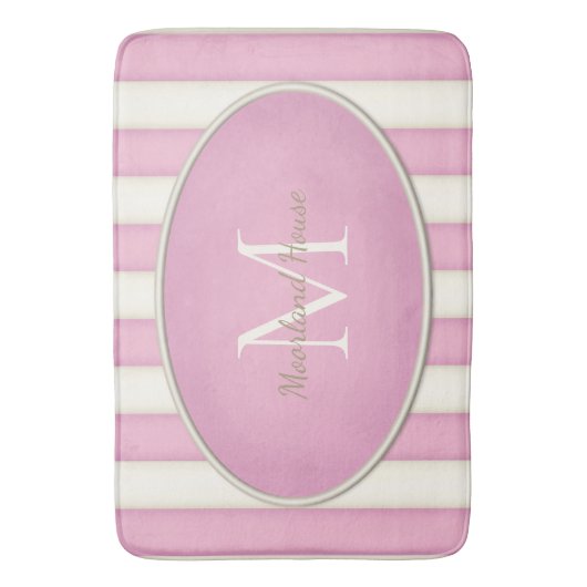 Rosa und antike weiße Streifen Ovale Gerahmte Mono Badematte (Vorderseite Vertikal)