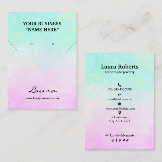 Rosa und Aqua-blaue Aquarellfarben-Ohrring Visitenkarte (Vorne/Hinten)