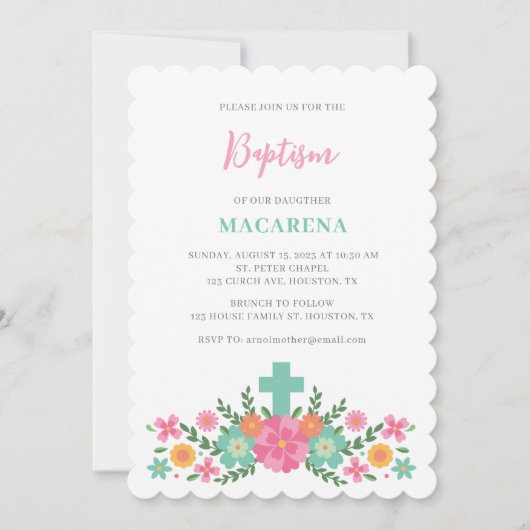 Rosa und Aqua-Blume mit Kreuzbaby Taufe Einladung (Vorderseite)