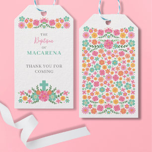 Rosa und Aqua-Blume mit Kreuzbaby Taufe Geschenkanhänger