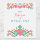 Rosa und Aqua-Blume mit Kreuzbaby Taufe Weinetikett (Einzelnes Label)