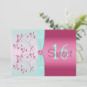 Rosa und Aqua Floral 16 . Geburtstag Einladung (Stehend Vorderseite)