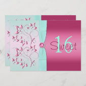 Rosa und Aqua Floral 16 . Geburtstag Einladung (Vorne/Hinten)