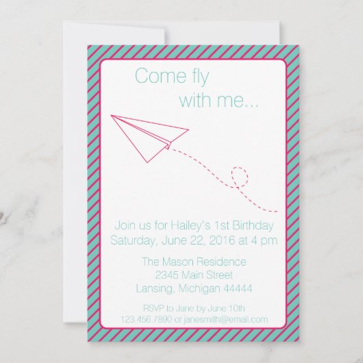 Rosa und Aqua Papier Flugzeug Geburtstag Einladung (Vorderseite)