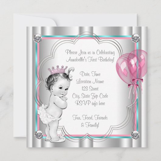 Rosa und Aquamarin Blau 1. Geburtstag Einladung (Rückseite)