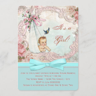 Rosa und Aquamarin blaue Vintage Babydusche Einladung