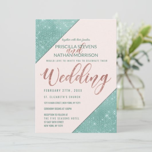 Rosa und Aquamarin Blue Imitats Glitzer Sequin Wed Einladung (Stehend Vorderseite)