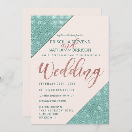 Rosa und Aquamarin Blue Imitats Glitzer Sequin Wed Einladung (Vorne/Hinten)
