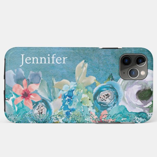 Rosa und aquamarine Aquarellblumen personalisiert Case-Mate iPhone Hülle (Rückseite (Horizontal))