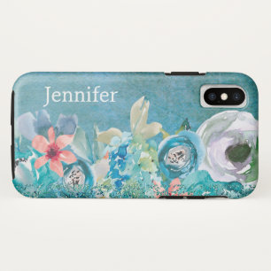 Rosa und aquamarine Aquarellblumen personalisiert Case-Mate iPhone Hülle